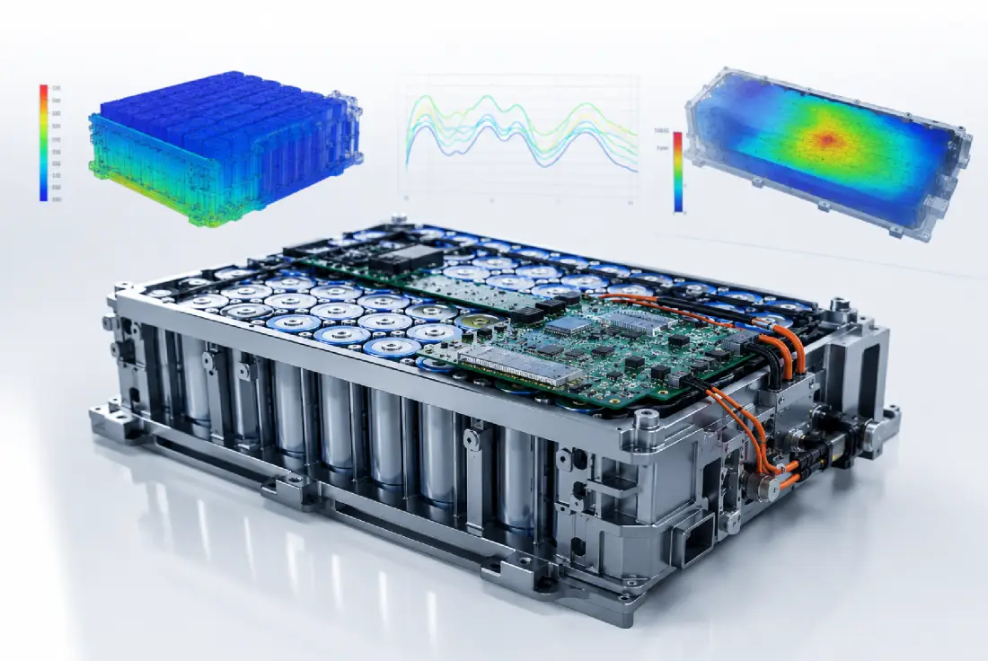 Battery pack with its BMS control board, shown alongside thermal and structural simulation results