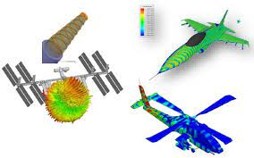 Radiation patterns computed on a satellite, a fighter jet and a helicopter