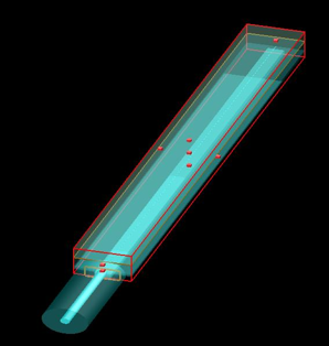 3D model of the edge coupler: layered taper structure with the optical fiber at the chip edge