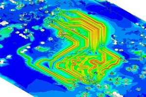 PCB current distribution simulation showing trace routing hotspots