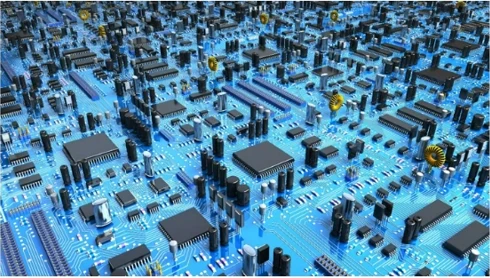 Densely populated electronic circuit board with chips and components