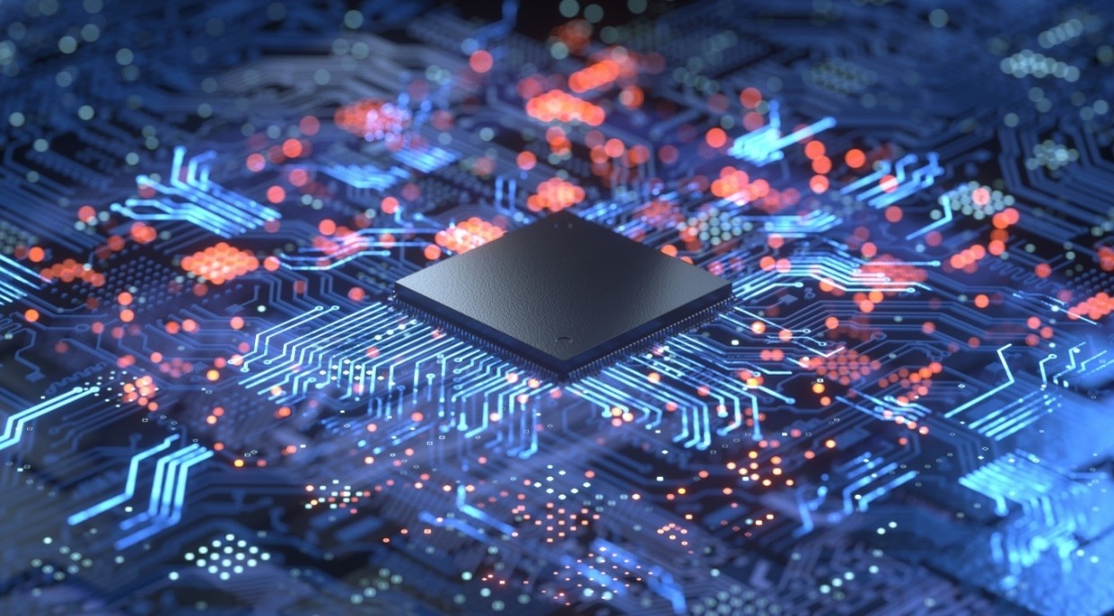 Semiconductor chip on a glowing circuit board