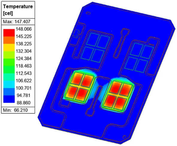 Power module thermal map with all switches heated, maximum 147.4 °C