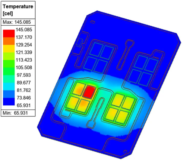 Power module thermal map with a single switch heated, maximum 145.1 °C