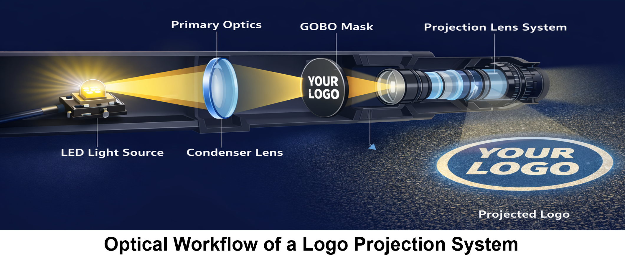 Optical architecture of a logo projection system — LED light source, condenser lens, primary optics, GOBO mask and projection lens system