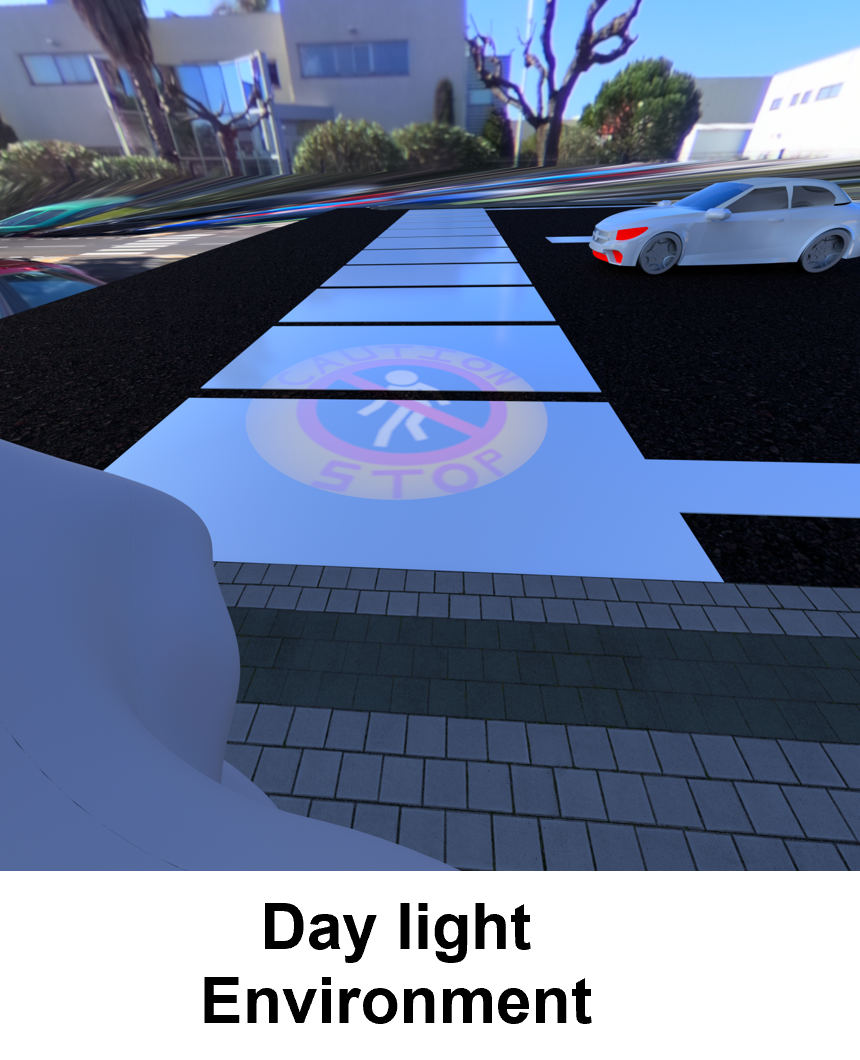 Simulated pedestrian caution projection on a crosswalk in daylight