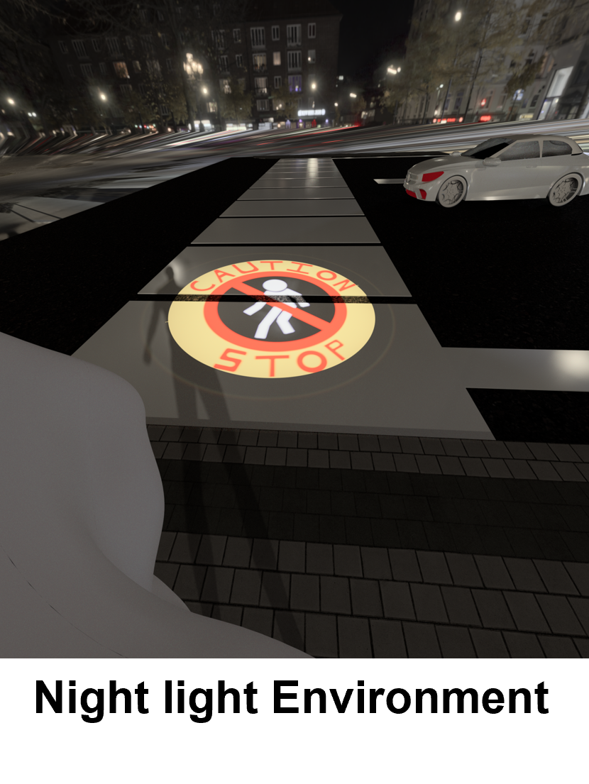 Simulated pedestrian caution projection on a crosswalk at night
