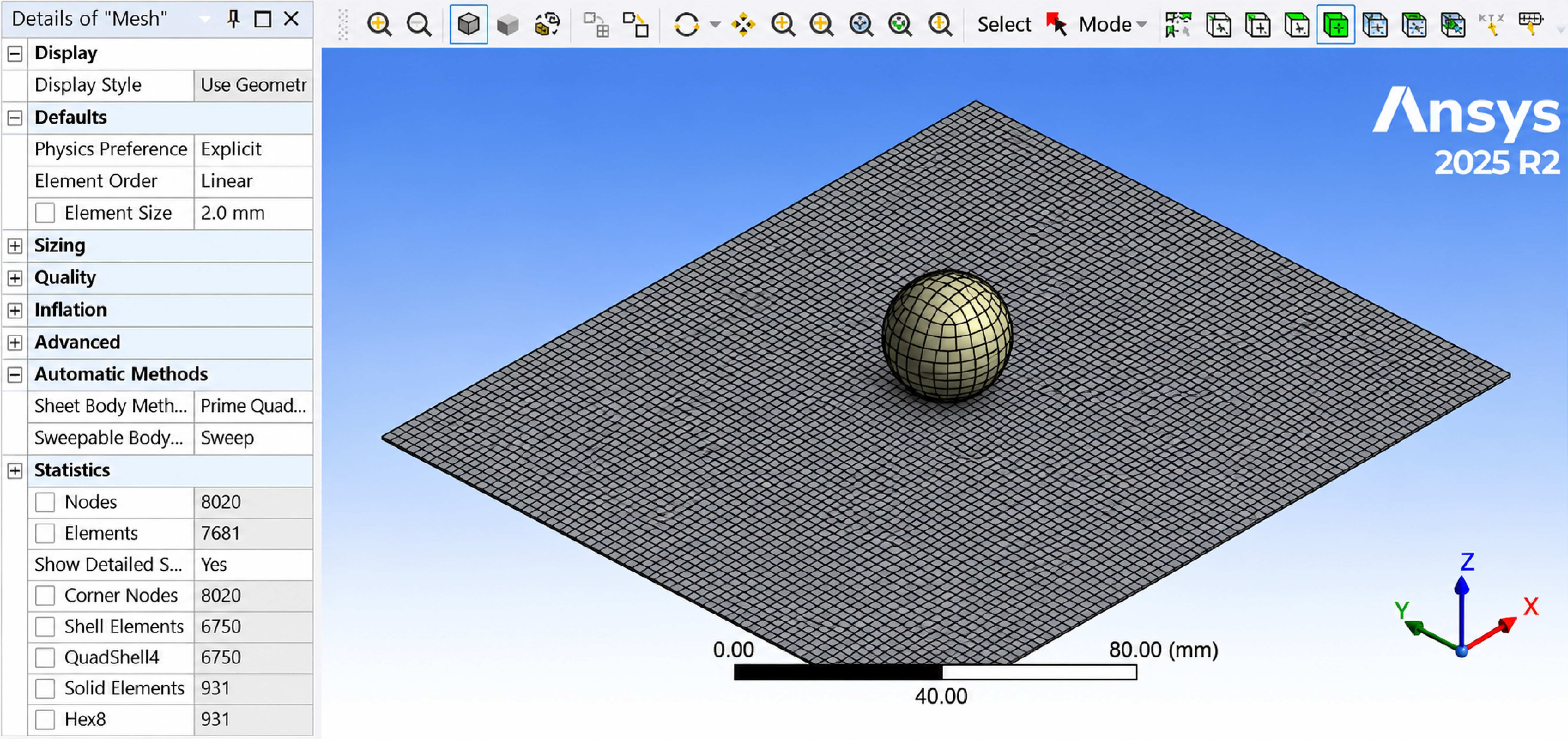 2 mm mesh of the laminate plate with quad shell elements and the spherical impactor with hex elements in Ansys 2025 R2