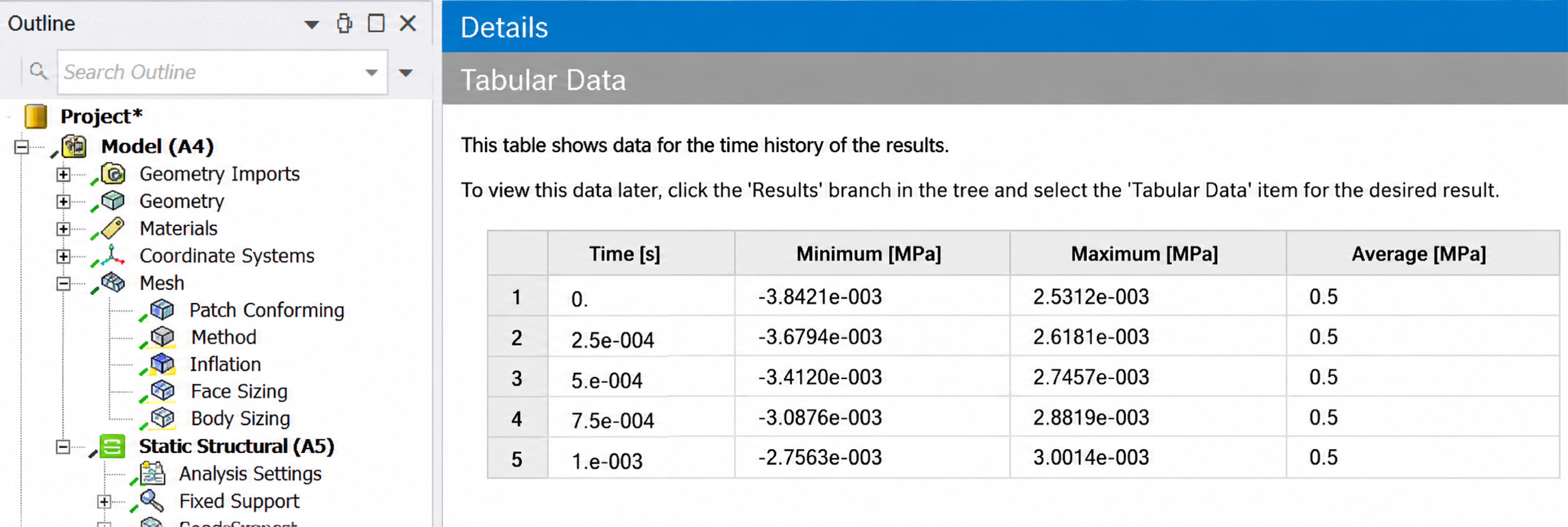 Ansys Workbench model tree and Tabular Data worksheet