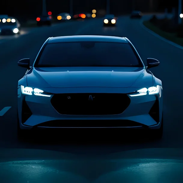 Car at night with LED headlights illuminating the road