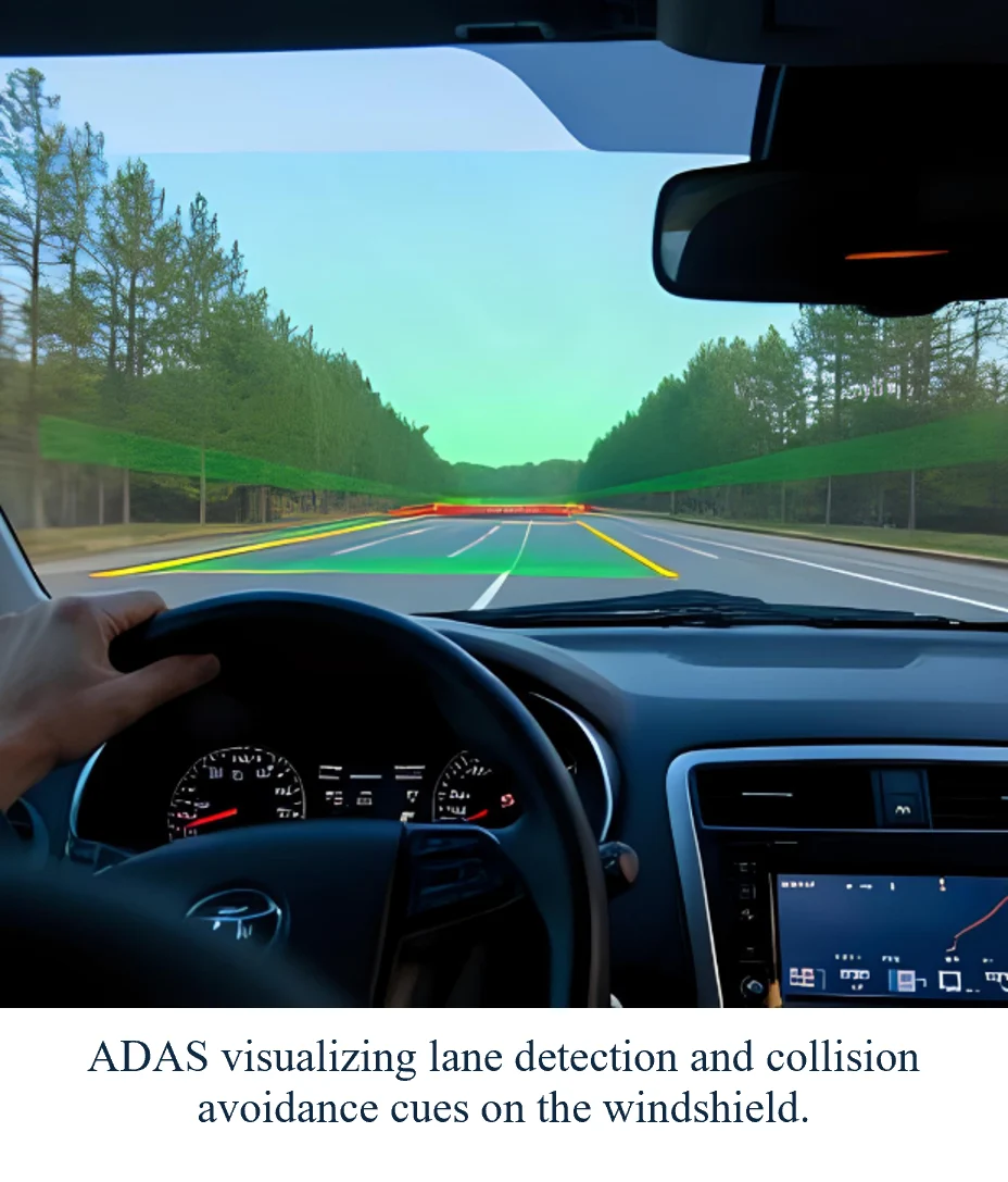 ADAS visualizing lane detection and collision avoidance cues on the windshield