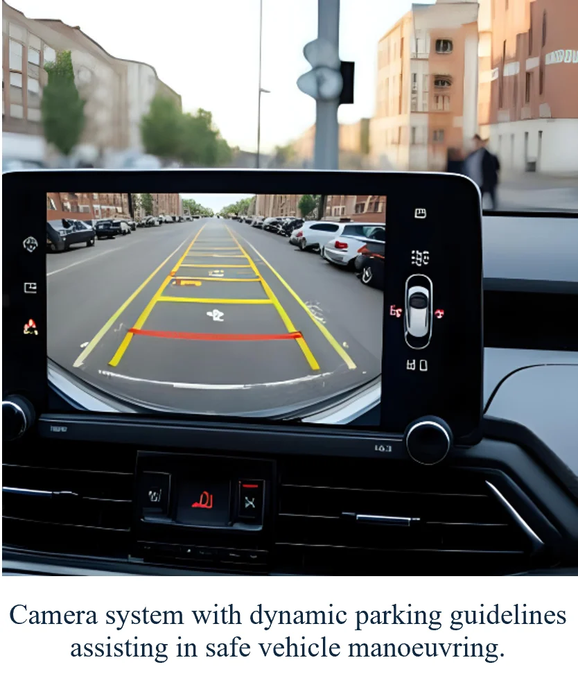 Camera system with dynamic parking guidelines assisting in safe vehicle manoeuvring