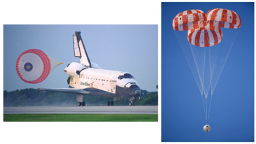 Fighter plane decelerating with a drogue parachute and a payload descending under recovery parachutes