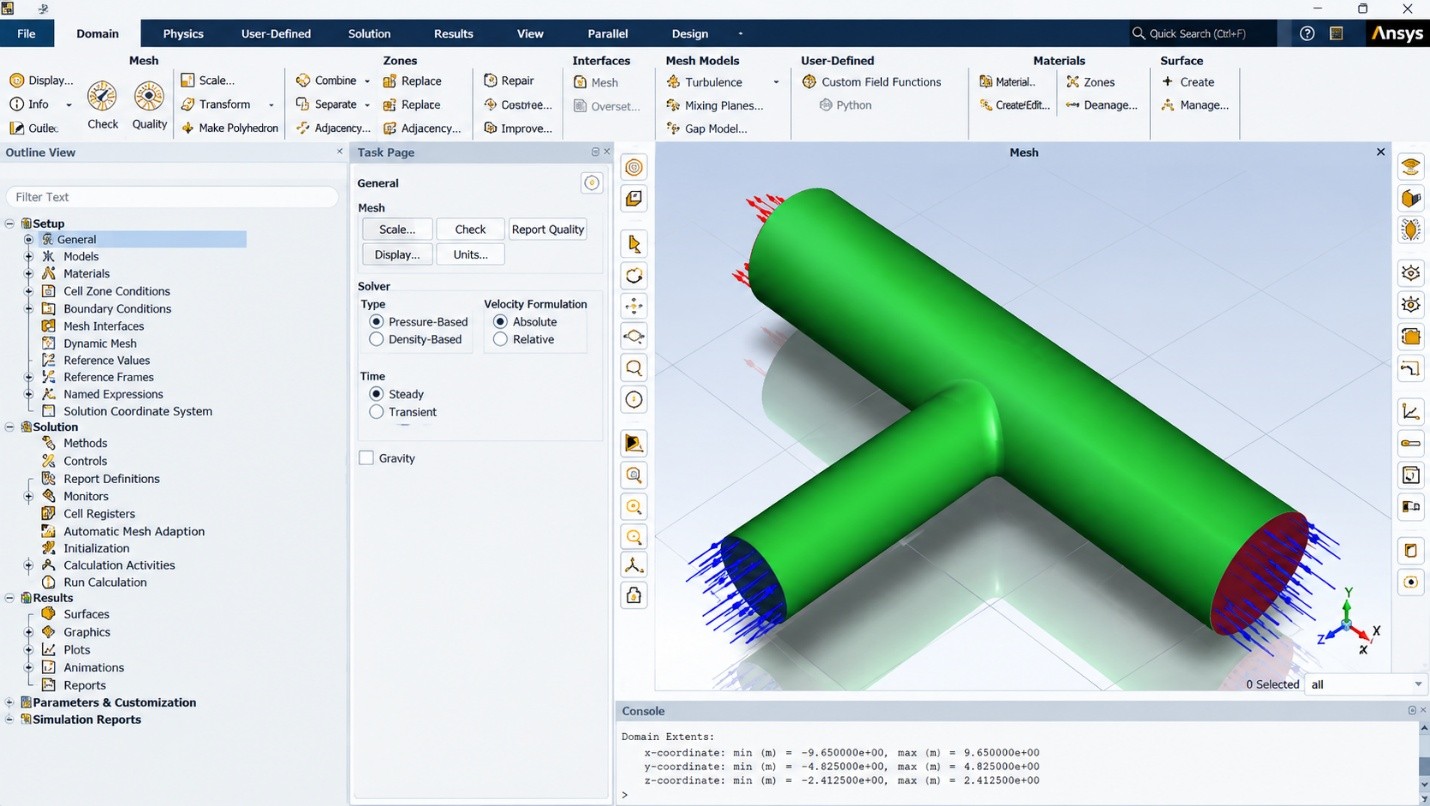 Antarmuka Ansys Fluent menampilkan mesh sambungan pipa T beserta kondisi batas inlet dan outlet