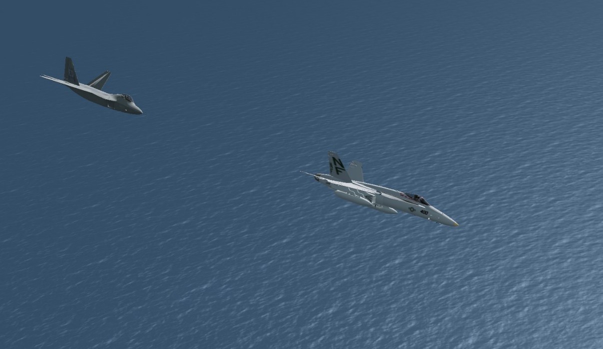 Two fighter aircraft over the sea, one pursuing the other, in an STK tactical engagement simulation