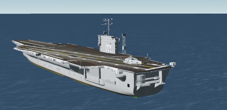 Helicopter on the deck of an aircraft carrier in an STK carrier-based landing scenario