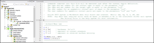 Archard wear parameters defined through an APDL command object on the frictional contact region in Ansys Mechanical