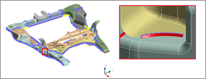 Weld mesh generated on the subframe with a detail view of the weld beam elements at a joint