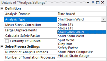 Analysis Settings details pane with Analysis Type set to Shell Seam Weld