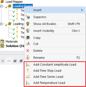 Load Mapper context menu showing constant amplitude, time step, time series and temperature load options